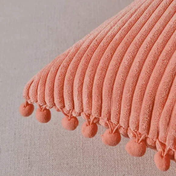 Coral Pink Corduroy Luxury Velvet Pompom Bed/Sofa Throw Pillow Cover/Case Set - Picture 3 of 8